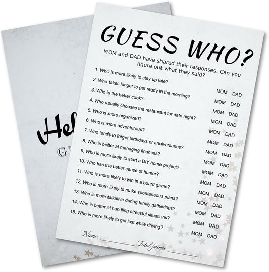 Baby Shower Guess Who Trivia Game Cards - 30 Player Family Friend Party, Minimalist Light Gray Design, Ready to Play, 5x7 Inch with Stars & Strips (Guess Who)