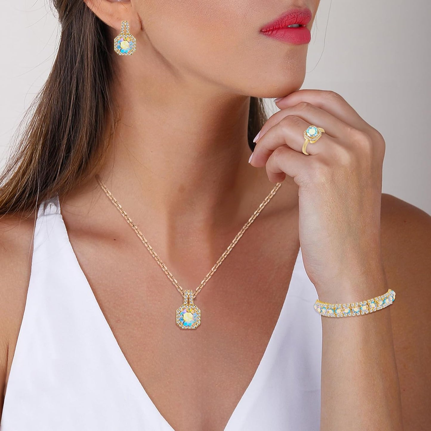 4pcs Cubic Zirconia Wedding Jewelry Sets for Bride Bridesmaid Cubic Zirconia Pendant Necklace Earrings Link Tennis Bracelet Open Ring Set for Women