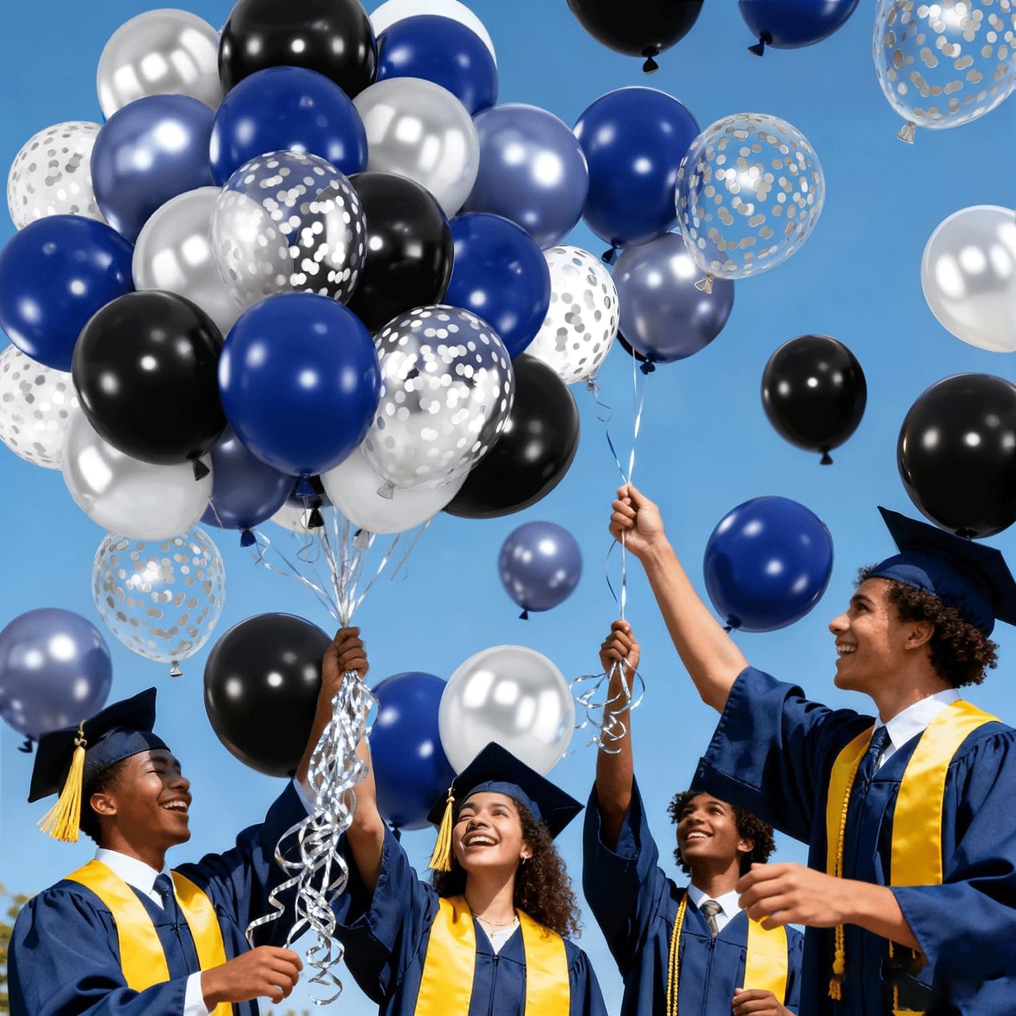 Navy Blue Silver Black Balloons, 60pcs 12 inch Dark Blue and Silver Metallic Balloons Blue Silver Confetti Party Balloons for Graduation Father's Day Birthday Party Decorations