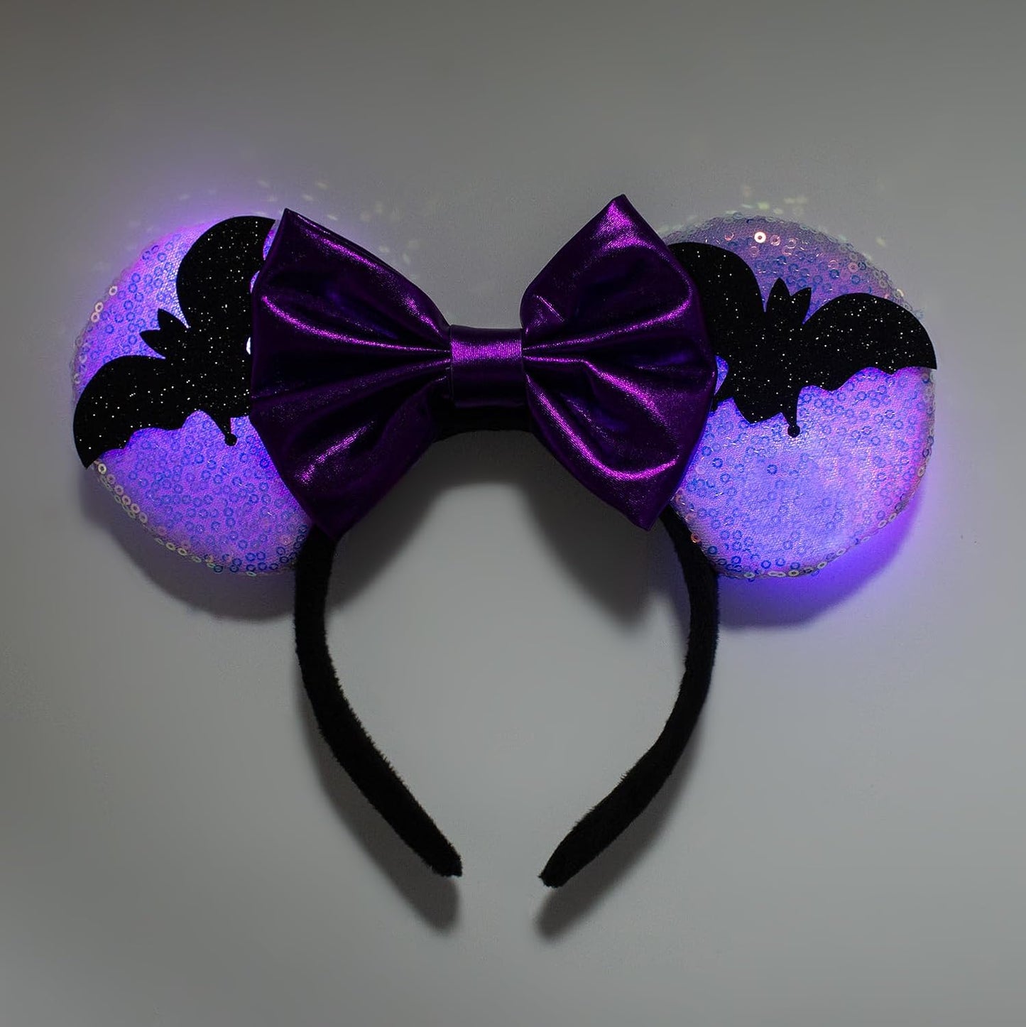 LED Mouse Ear Light Up Headband, Sequin Purple Bow Hairband, Flash Glowing Party Decoration Headwear Hair Accessories for Women Girls