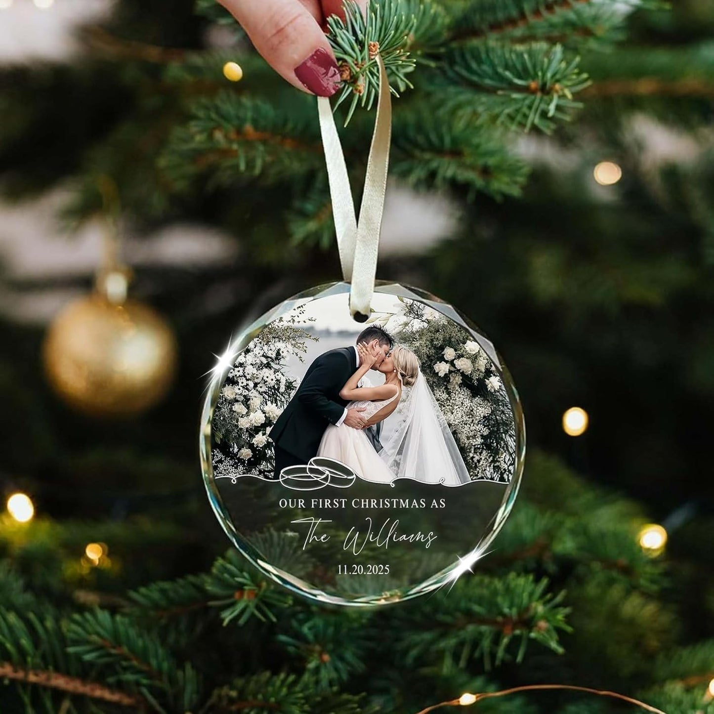 Personalized First Christmas Married Ornament, Custom Photo 1st Christmas Married Ornaments, Just Marry Ornaments Gifts for Newlyweds - Glass Wedding Ornament 2025 Gift for Couple with Box