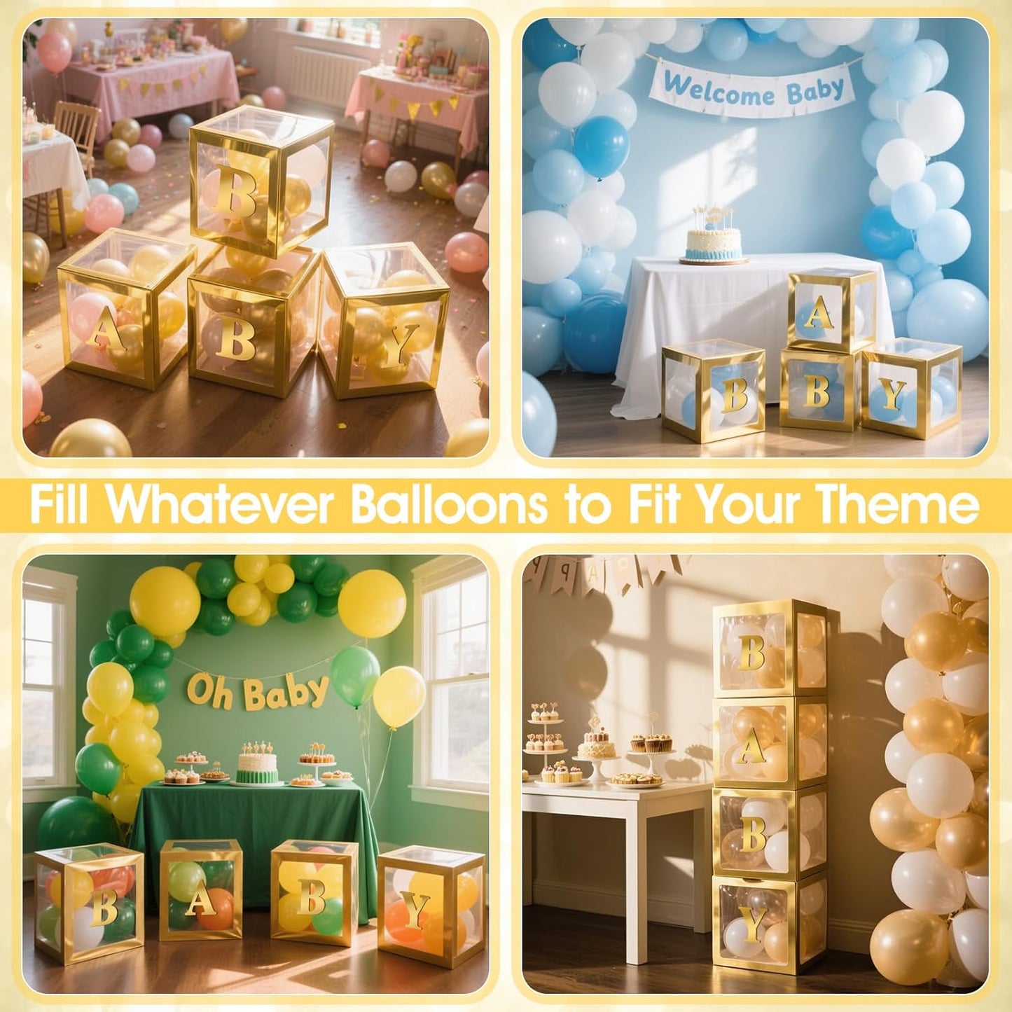 Ledido Baby Boxes with Letters for Baby Shower Decorations, 4 pcs Clear Baby Balloon Boxes Blocks for Baby Shower Decor with Letters for Boy Girl Gender Reveal Decorations Backdrop Party (Gold)
