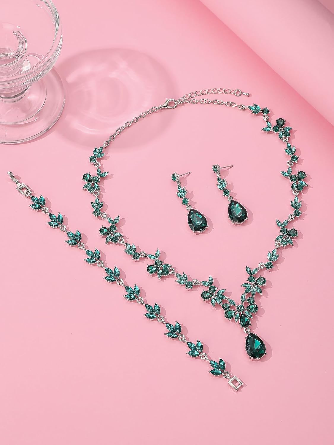 Bridal Wedding Elegant Floral Jewelry Set for Women/Brides/Bridesmaids Crystal Jewelry Set for Wedding Prom Party Bridal Crystal Necklace Earrings Bracelet Set