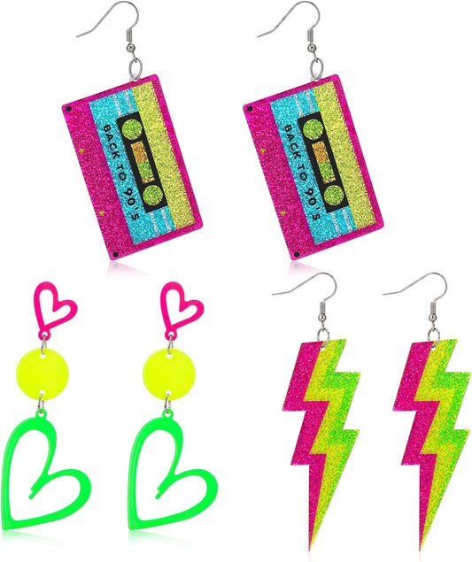 3 Pairs 80s 90s Neon Earrings for Women Glow Party Accessories Neon Jewelry for Halloween Costume Outfits