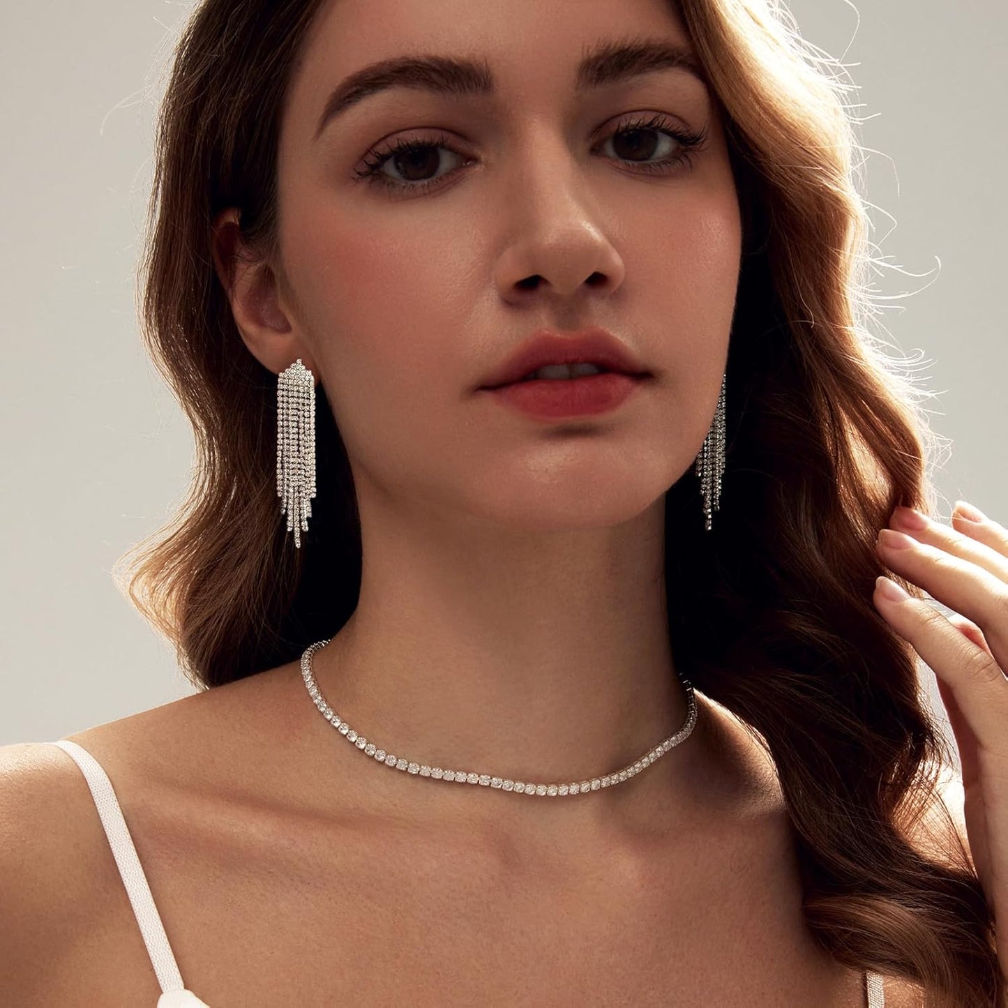 Tennis Necklace Bracelet for Women, Sterling Sliver, Dainty Chocker Necklace, Crystal Bracelet for Women, Wedding Jewelry for Bride, Sparkly Party Prom Hypoallergenic