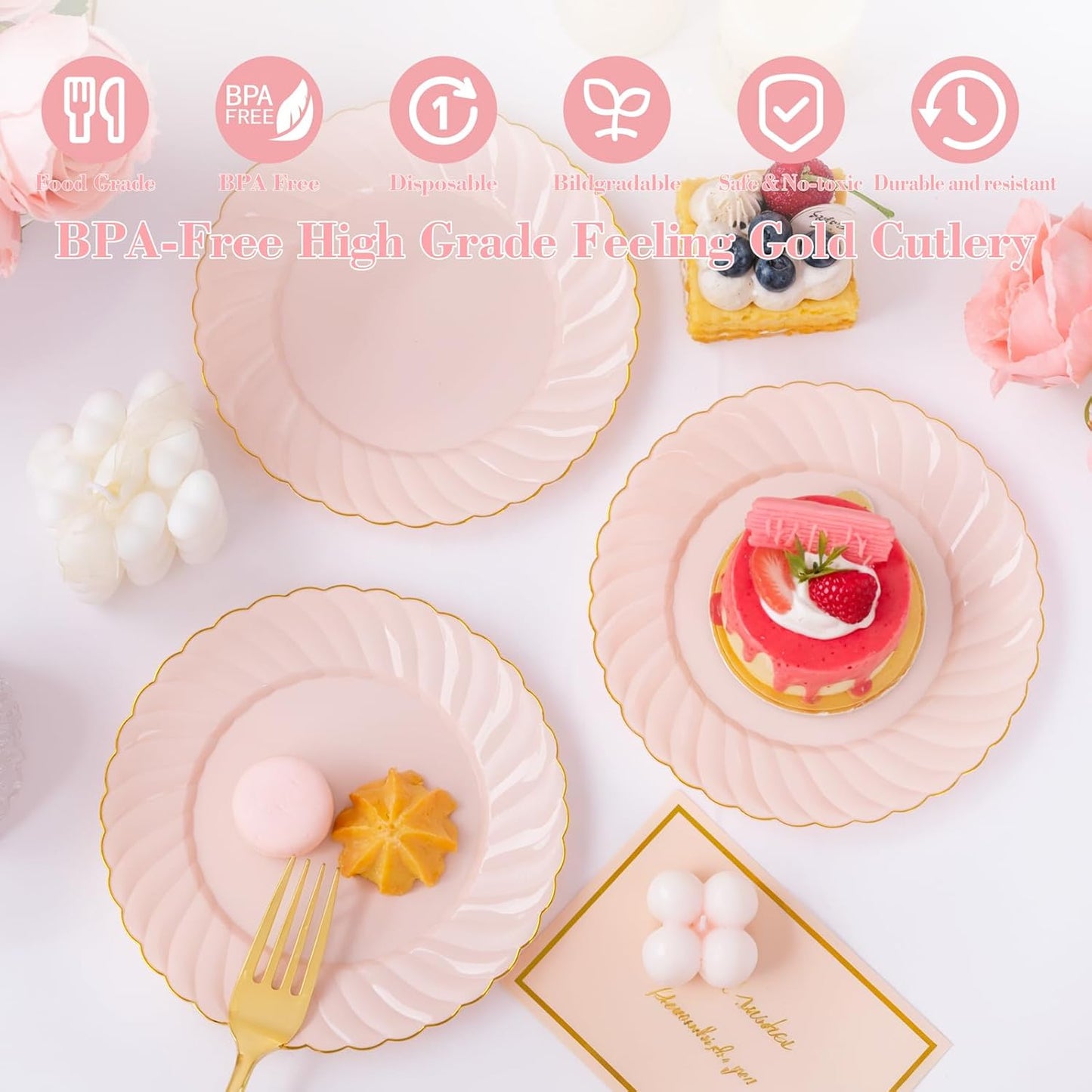 YOUBET 100 Pack Pink Scalloped Plastic Plates - 6.5 Inch Pink Disposable Plates - High End Elegant Vintage Dessert Plate for Party & Weeding & Birthday