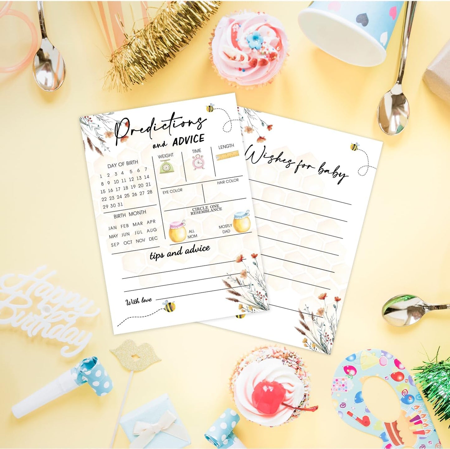 Honey Bee Baby Shower Games, Bee Baby Shower Wishes Games Cards for Guests, Butterfly Baby Predictions and Advice Cards for Baby Shower Games Activity, Advice for New Parents to Be, 5" x 7" 30 Pack
