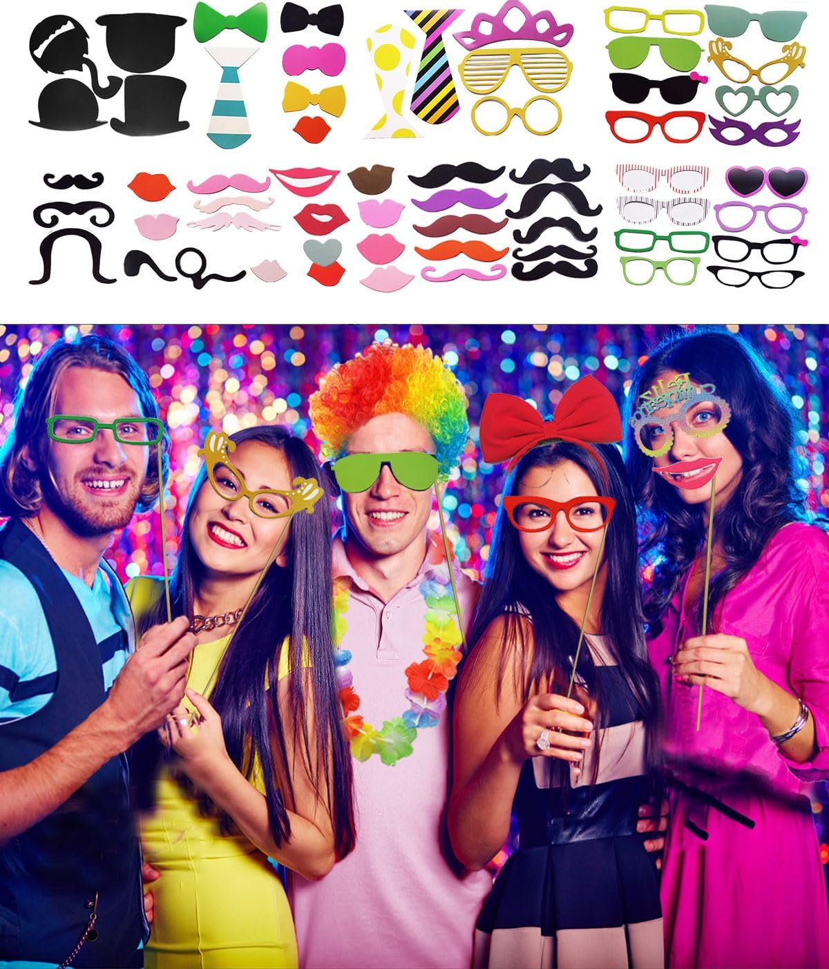 80pcs Large Gorgeous Photo Booth Props Set Birthday Party Accessories Kit Includes Clown Wig Foil Tinsel Wig Rock Headband Novelty Funny Glasses Inflatable Prop for Adult Teen Carnival Party Supplies