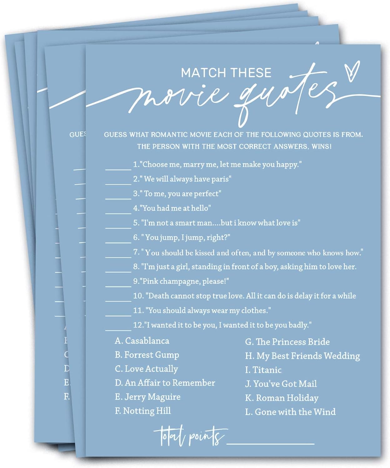 Bridal Shower Games Cards, Match These Movie Quotes, 25 Game Cards with 1 Answer Card, Engagement Party Wedding Games for Guests, Minimalist Blue Wedding Party Supplies - B09