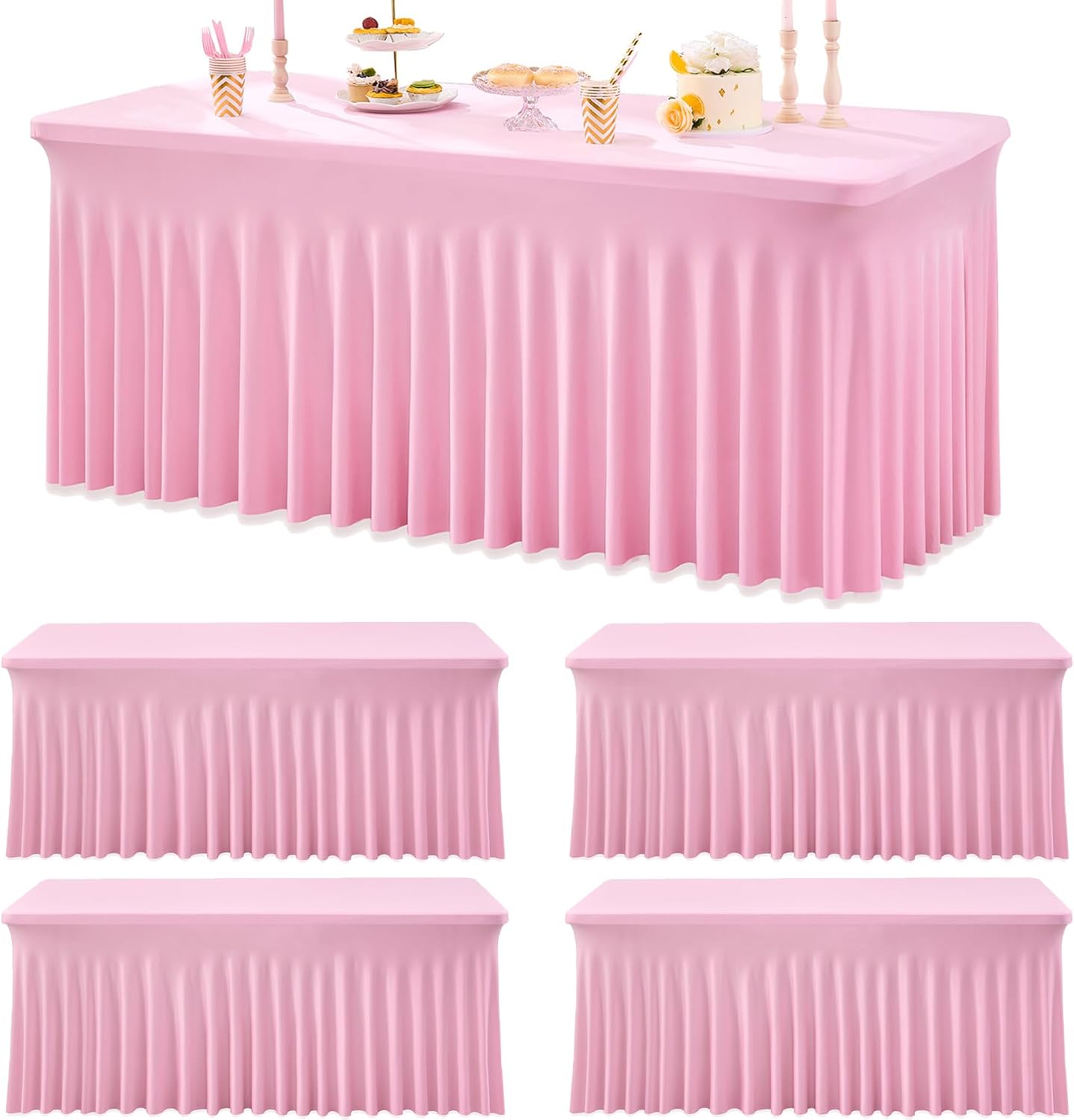 4pk Spandex Tablecloths for 6 Foot Rectangle Tables, Pink Stretch Table Cloth 6ft Fitted Table Cover Desk Skirt for Parties Weddings Birthday Banquet Baby Shower