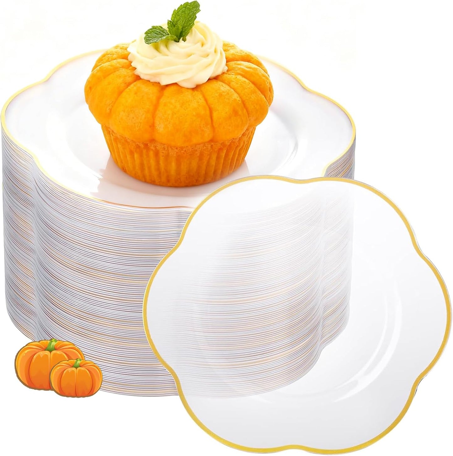 Liacere 100PCS Clear Plastic Plates-7inch Disposable Floral Clear and Gold Appetizer Cake Small Plates - Perfect for Wedding & Party & Holiday & Floral &Baby Show & Fall & Thanksgiving