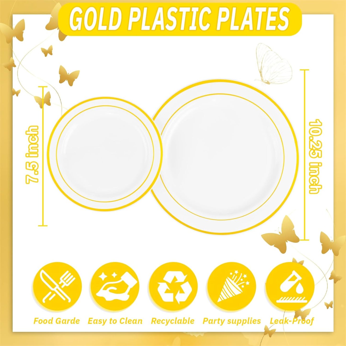WDF 120 pieces Gold Disposable Plastic Plates - White and Gold Plates Include 10.25" Dinner Plate & 7.5" Salad Plate for Thanksgiving Weddings/Party