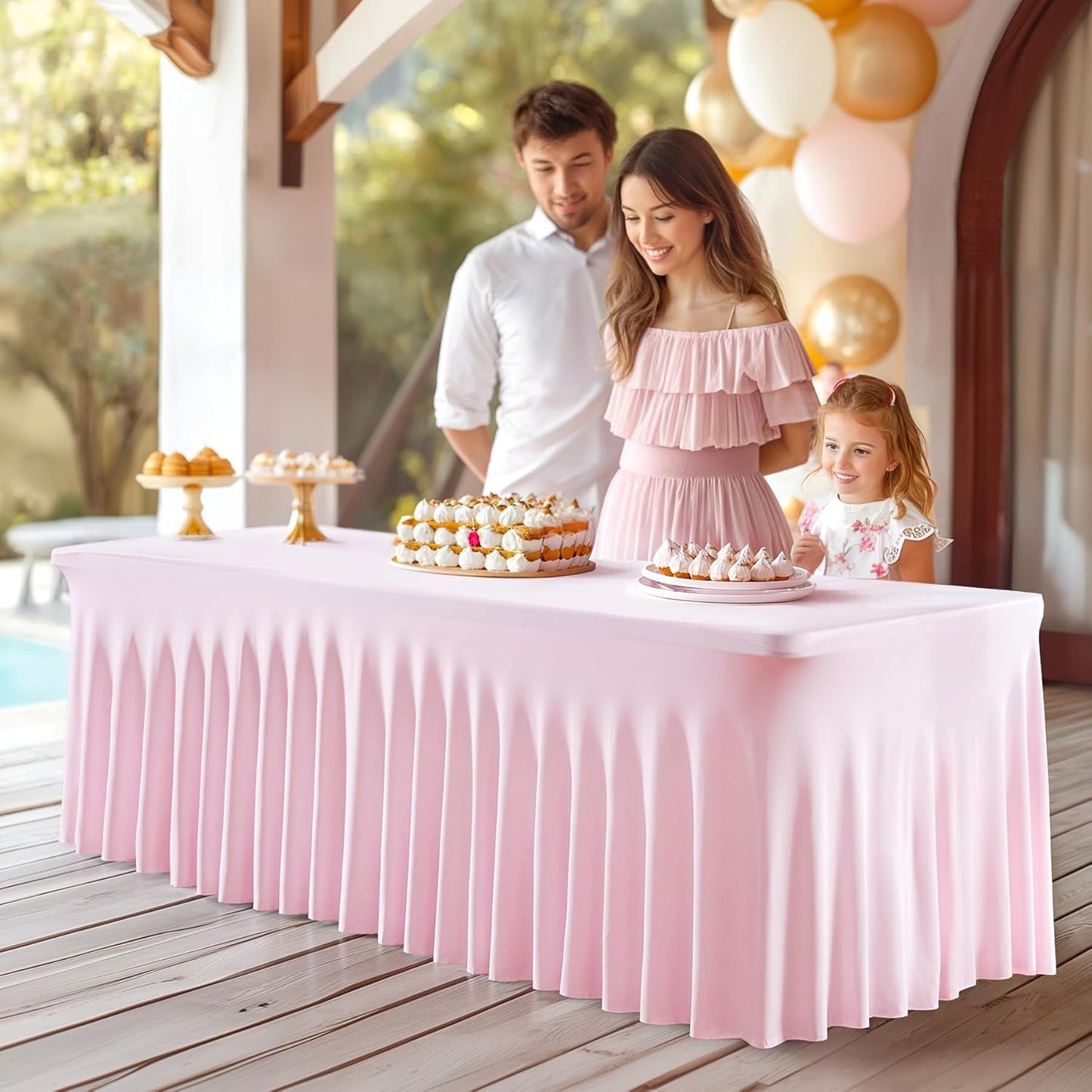 PARTISKY Pink Spandex Tablecloth for 8ft Rectangle Tables, Stretchable Table Cover Skirt for Folding Tables Weddings Parties Banquets Events Trade Shows and Dessert Table