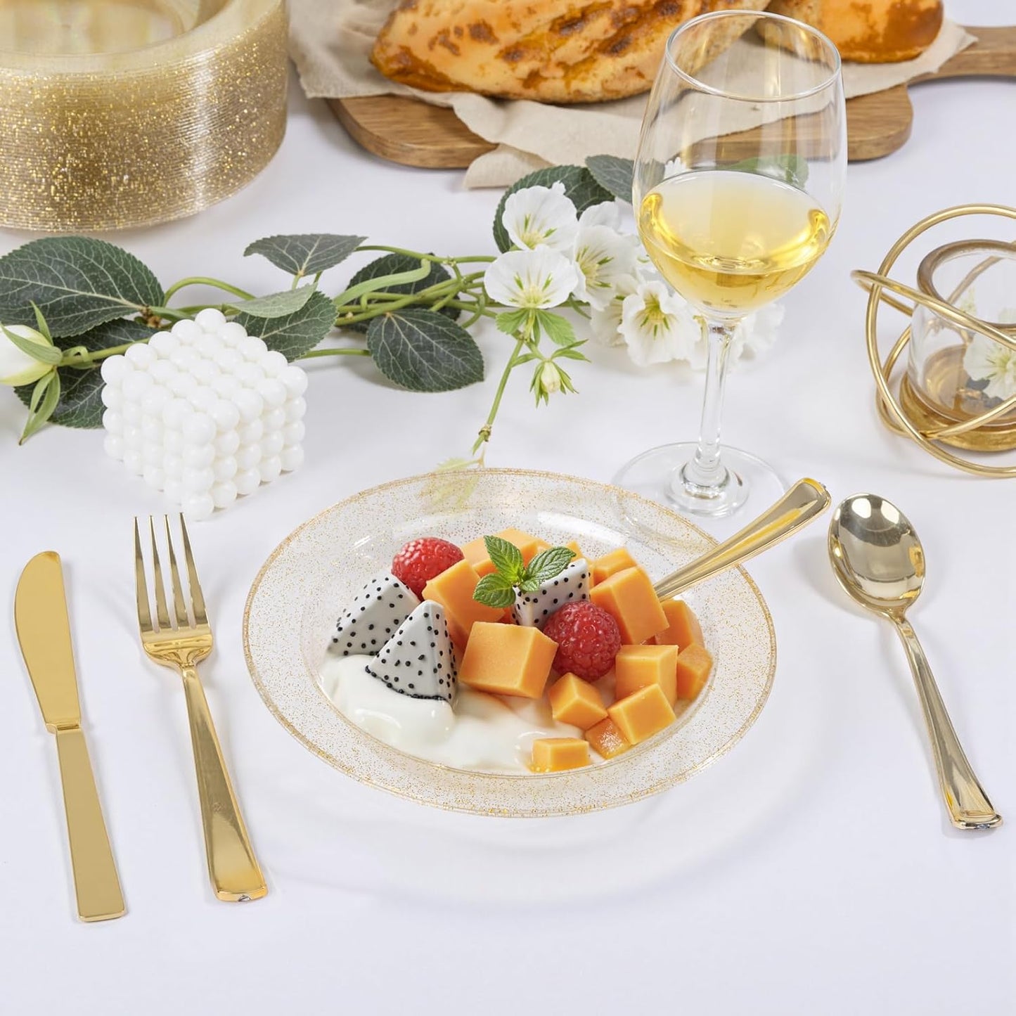 bUCLA 120 Pack Disposable Plastic Bowls - 12oz Clear Gold Glitter Party Bowls for Salads, Desserts, Soups - Premium Disposable for Parties & Thanksgiving