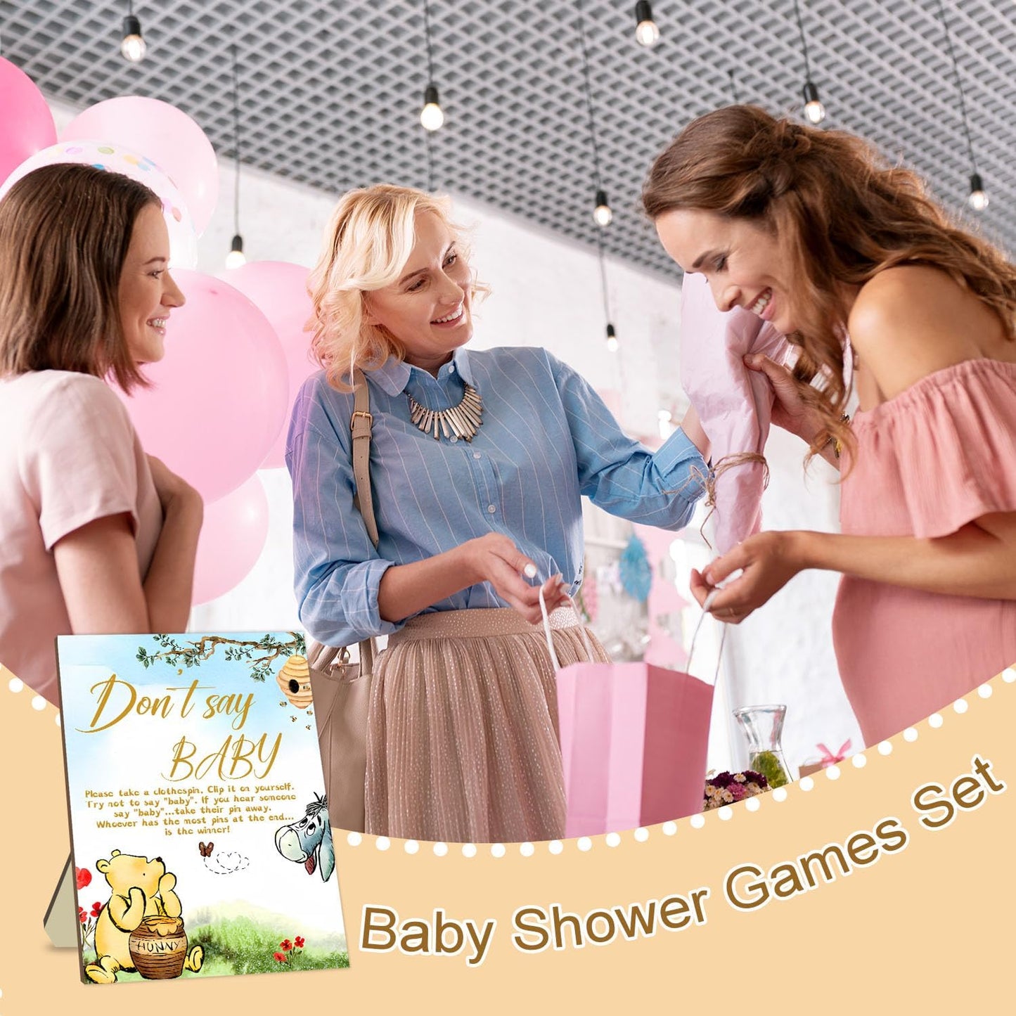 the Pooh Baby Shower Game Set, Include 1 Winnie Don't Say Baby Game Sign and 20 Mini Winnie Clothespins, Baby Shower Game Decor, Baby Shower Party Decorations Supplies