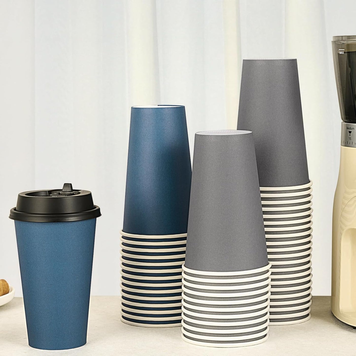 LITOPAK 100 Pack 16 oz Disposable Paper Coffee Cups with Lids for Coffee, Water, Juice, or Tea, Blue and Gray Hot Paper Cups for Home, Restaurant, Store, and Cafe