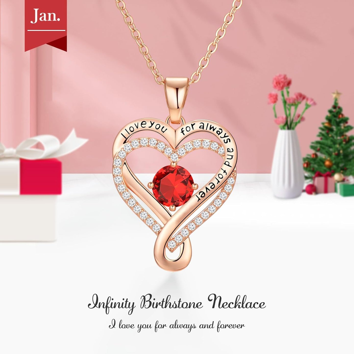18K Rose Gold Infinity Love Heart Birthstone Necklace for Women Wife, Anniversary for Women Wife Birthday Gift for Her Girlfriend Mom Daughters, I Love You Women's Jewelry S925 Sterling Silver