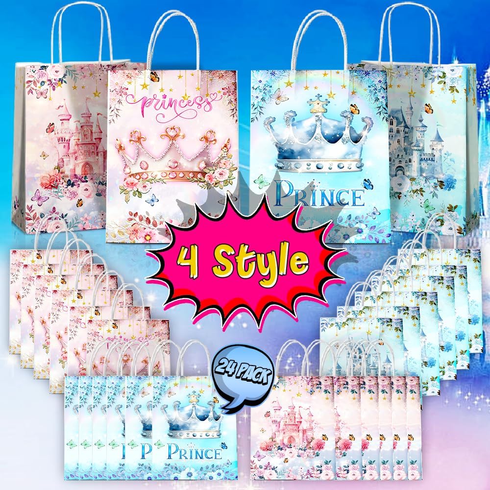 24 Pcs Princess Prince Party Favor Bags with Handles - Prince Princess Castle Goodie Gift Candy Treat Paper Bags for Birthday Gender Reveal Baby Shower Party