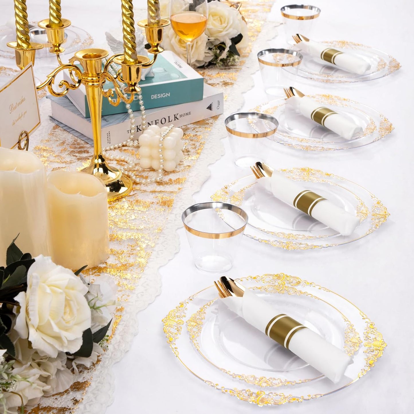 Nervure 175PCS Clear Gold Plastic Plates - Disposable Gold Party Plates & Pre Rolled Napkins with Cutlery for 25 Guests, 50Plates, 75Silverware, 25Cups, 25Napkin for Wedding & Party & Thanksgiving
