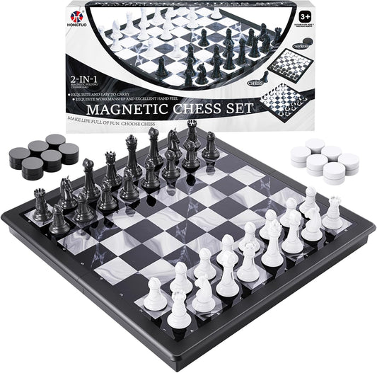 2-in-1 Chess Set and Magnetic Checkers Set - Foldable 13-inch Travel Board Game, Durable Plastic, Puzzle and Strategy Toys for Kids and Adults