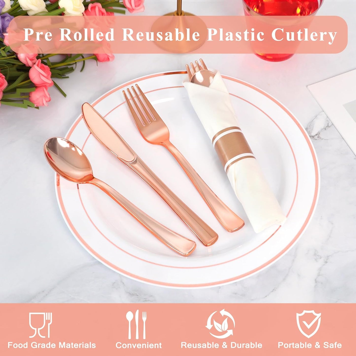 100 Pack Pre Rolled Rose Gold Plastic Silverware Set,Wrapped Plastic Cutlery Set with Napkin Include 100 Forks,100 Spoons,100 Knives and 100 White Napkins for Party, Wedding,showers