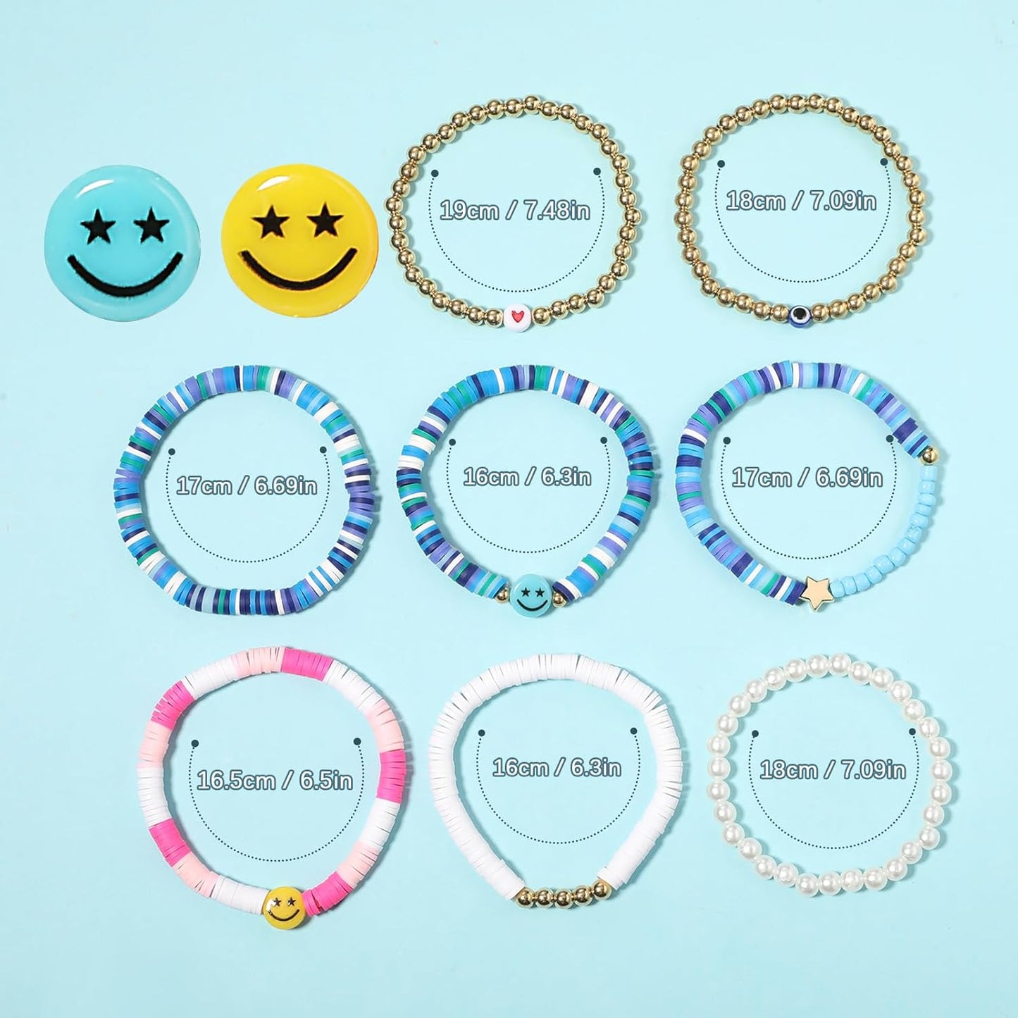 Preppy Bracelets Set Colorful White Gold Smile Heart Star Polymer Beaded Pearl Clay Stackable Charm Y2K Kidcore Aesthetic Summer Beach Bohemian Stretch Layering Bracelets Jewelry for Girls Women Teens