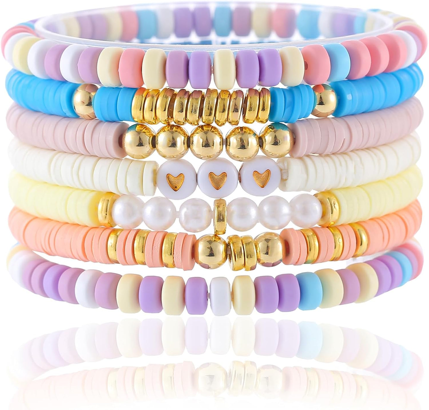 Friendship Bracelets Trendy Heishi Clay Bead Bracelets Stack Gold Beaded Stretch Bracelets for Women Boho Stackable Bracelets Bulk Cute Preppy Jewelry
