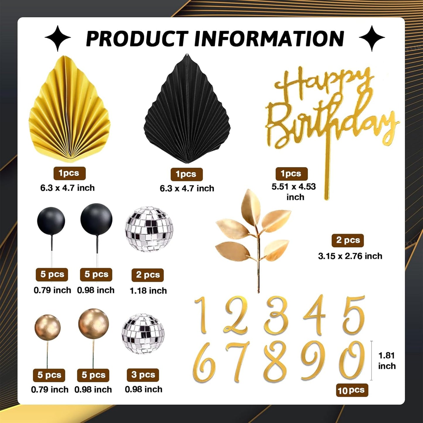 40Pcs Black Gold Balls Cake Topper Man Cake Decorations with Disco Balls Palm Leaves Acrylic Numbers 0-9 and Happy Birthday Cake Topper for Men Boy Black Theme Birthday Baby Shower Party Supplies