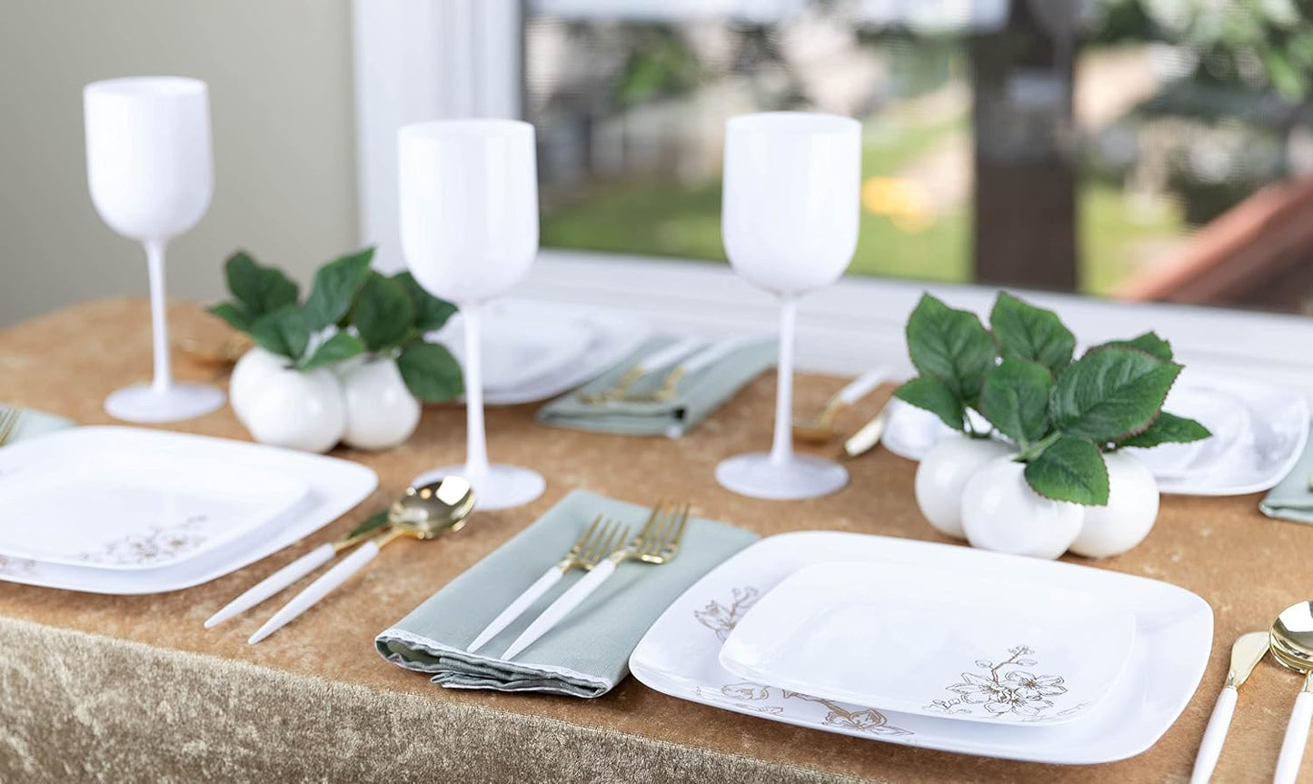 PLASTICPRO Square 128 Piece Combo Plates Set includes 64 x 7'' inch Salad Plates & 64 x 10'' inch Dinner Plate White Plastic Gold Buds Design Party Elegant, Tableware, Dishes,