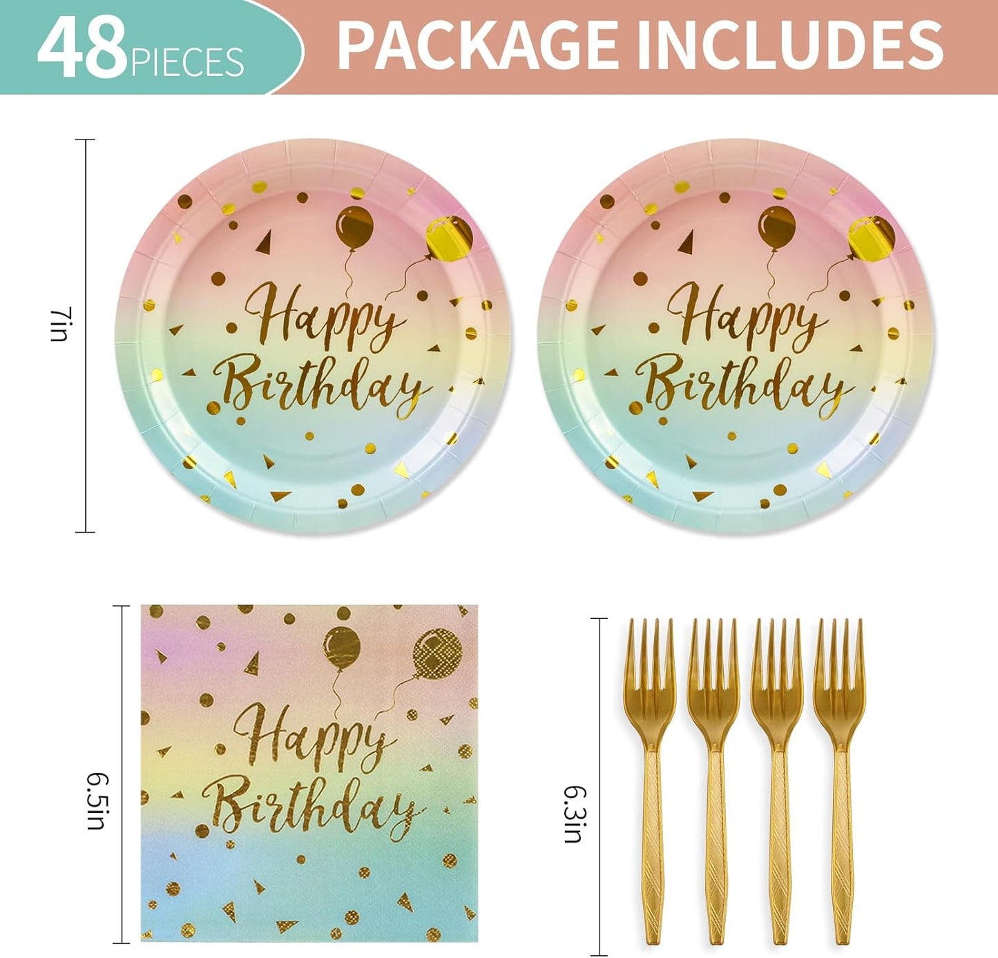 48PCS Happy Birthday Plates and Napkins Party Supplies, Colorful and Gold Disposable Paper Plates and Napkins with Forks Tableware Set for Birthday Party Decorations 16 Guests (Colorful)