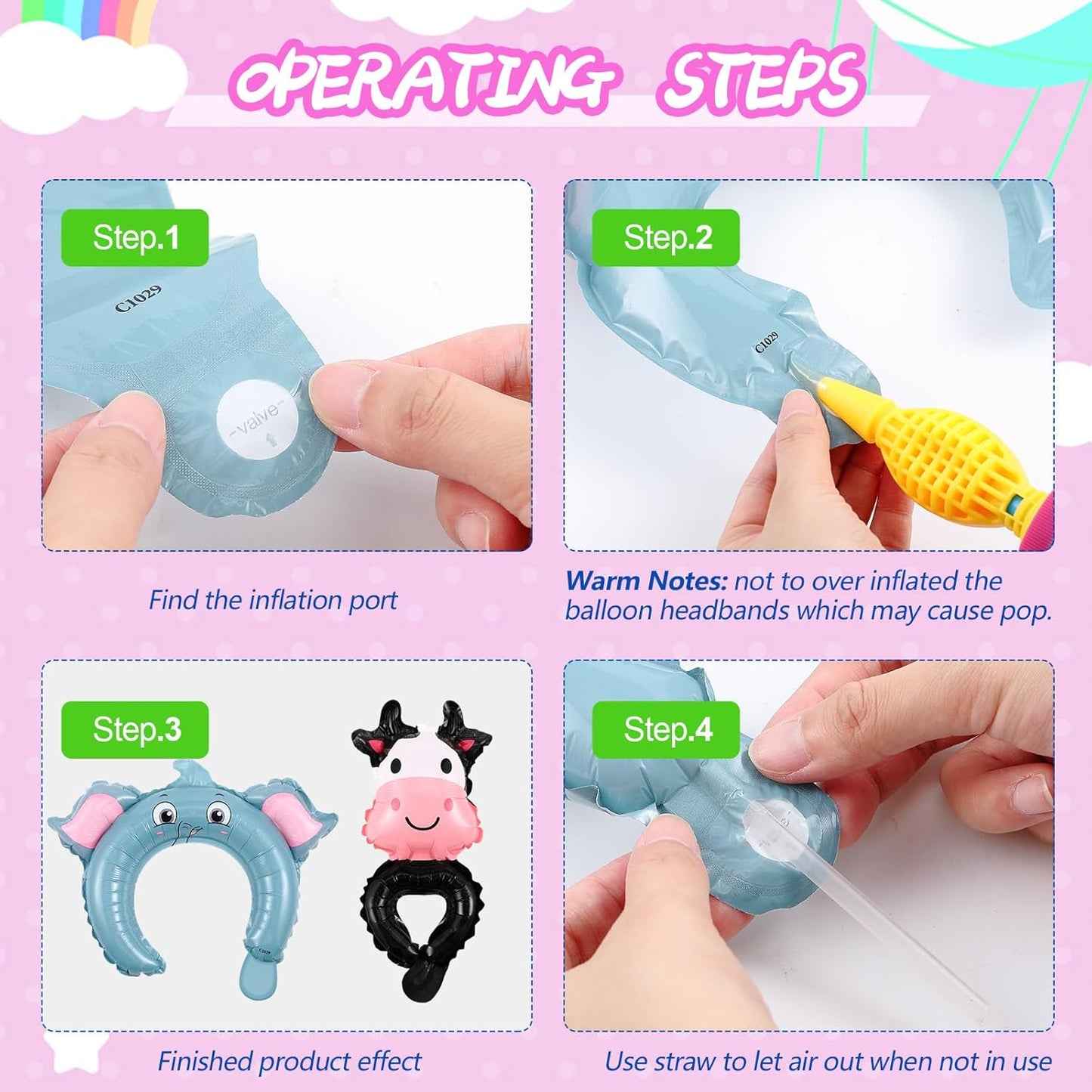 Libima 200 Pcs Zoo Animal Inflatable Party Set, Inflatable Headbands & Wrist Balloons with Manual Air Pump, Cartoon Animal Decor for Kids Birthday, Carnival, Christmas, School Classroom Activities