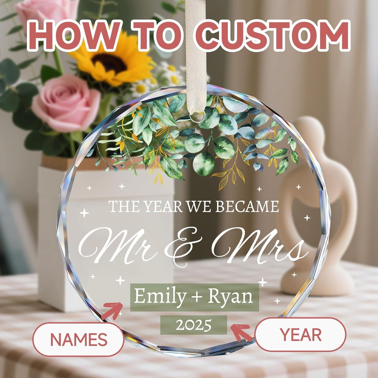 First Christmas Married Ornament 2025 - Personalized Wedding Gifts for Couples - Mr and Mrs Crystal Christmas Tree Ornaments - Bridal Shower Gifts for Newlywed, Bride, Her, Just Married
