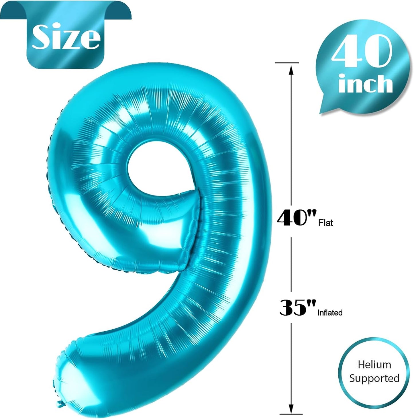 9 Balloon, Blue Number Balloons 40 Inch, 9th Giant Birthday Decorations for Boys Girls, 19th 29th Blue Party Decorations Supplies, Number 9 Balloon