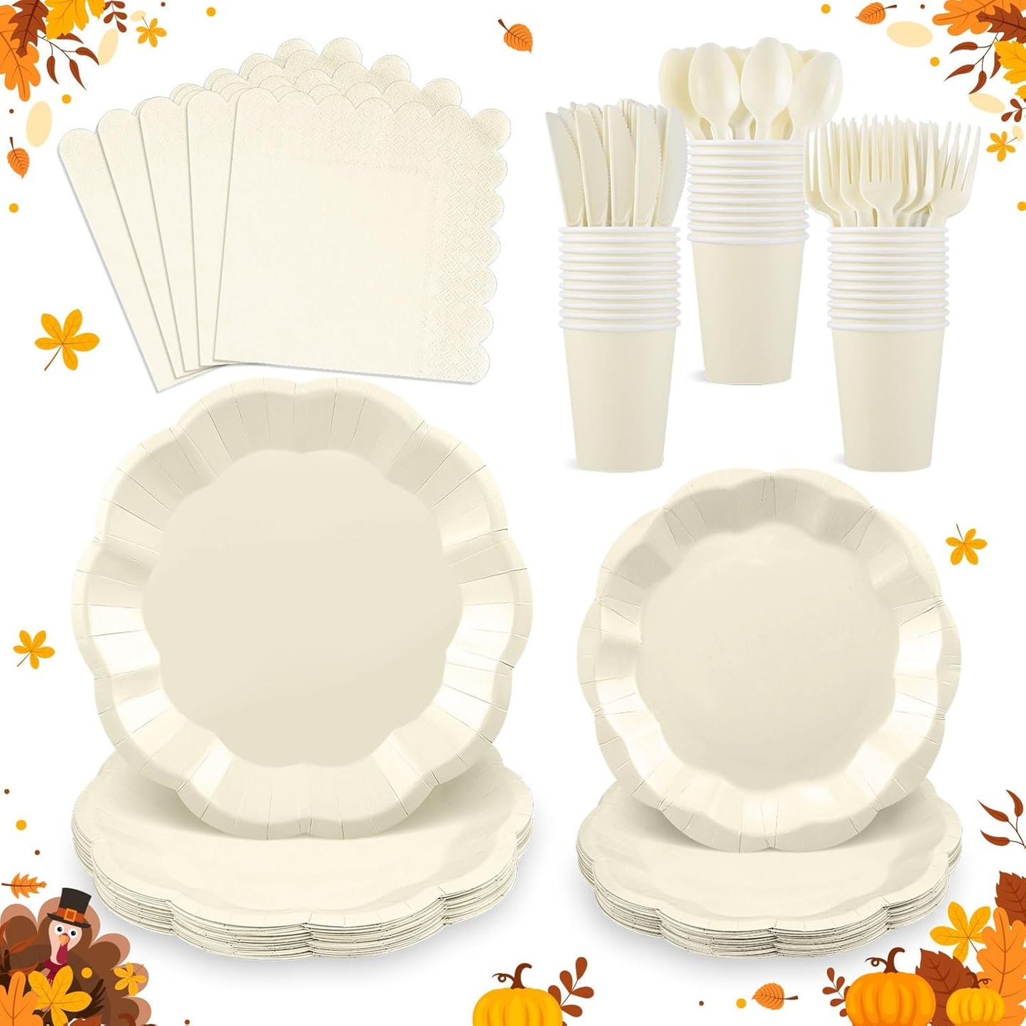 175 Pcs Thanksgiving Ivory Plates and Napkins Set, 25 Guest Cream Party Supplies Include Beige Scalloped Plate Paper Napkin Cup Fork Knives Disposable Plastic Cutlery for Wedding Baby Shower