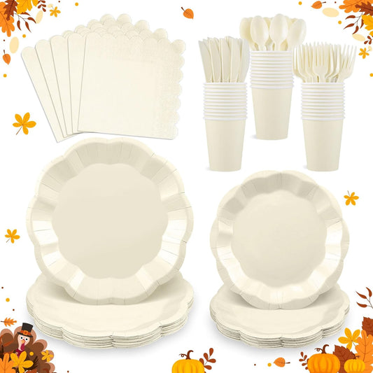 175 Pcs Thanksgiving Ivory Plates and Napkins Set, 25 Guest Cream Party Supplies Include Beige Scalloped Plate Paper Napkin Cup Fork Knives Disposable Plastic Cutlery for Wedding Baby Shower
