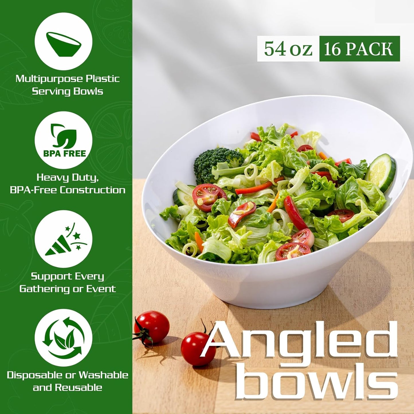 Liacere 16PCS White Plastic Serving Bowls - 54 OZ Angled Table Salad and Fruit Bowls - Disposable for Chip&Candy - Ideal for Party & Wedding & Halloween