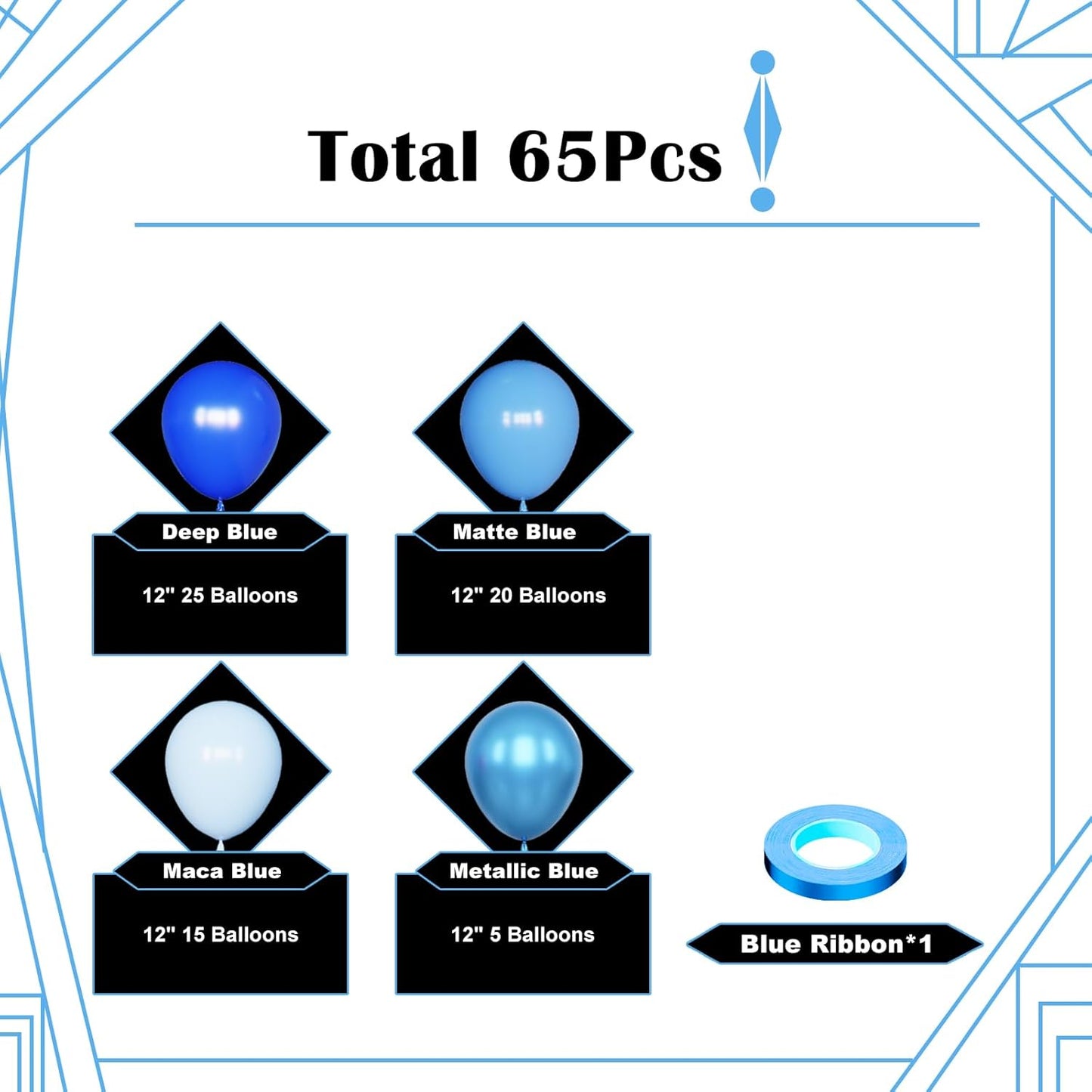 Blue Balloons Set, 65Pcs 12in Metallic Dark Macaron Baby Blue Party Balloons for Birthday Gender Reveal Baby Shower Weddind Baseball Nautical Party Decorations