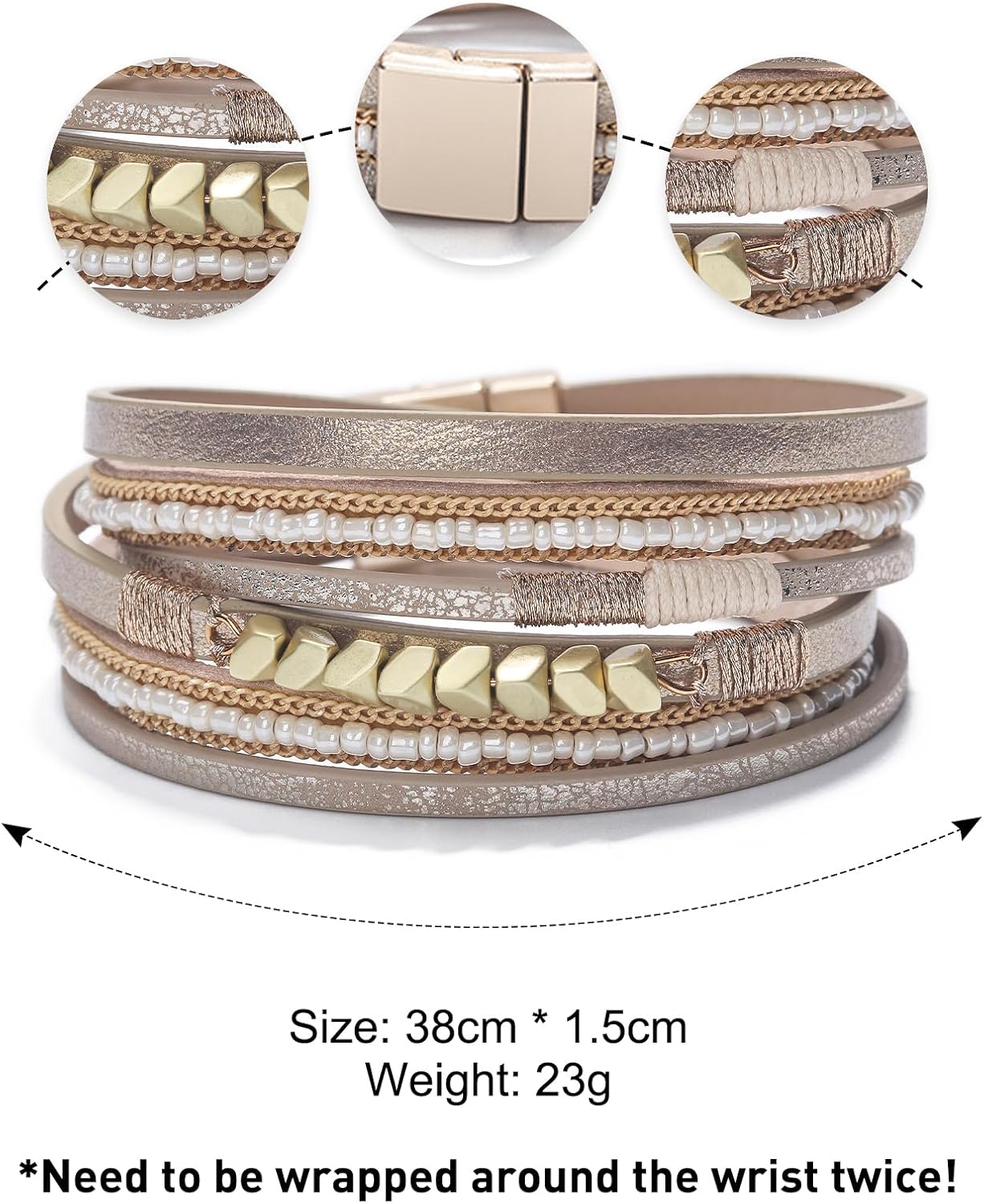 Fesciory Leather Wrap Bracelets for Women, Boho Leopard Multi-Layer Crystal Beads Cuff Bracelet Jewelry