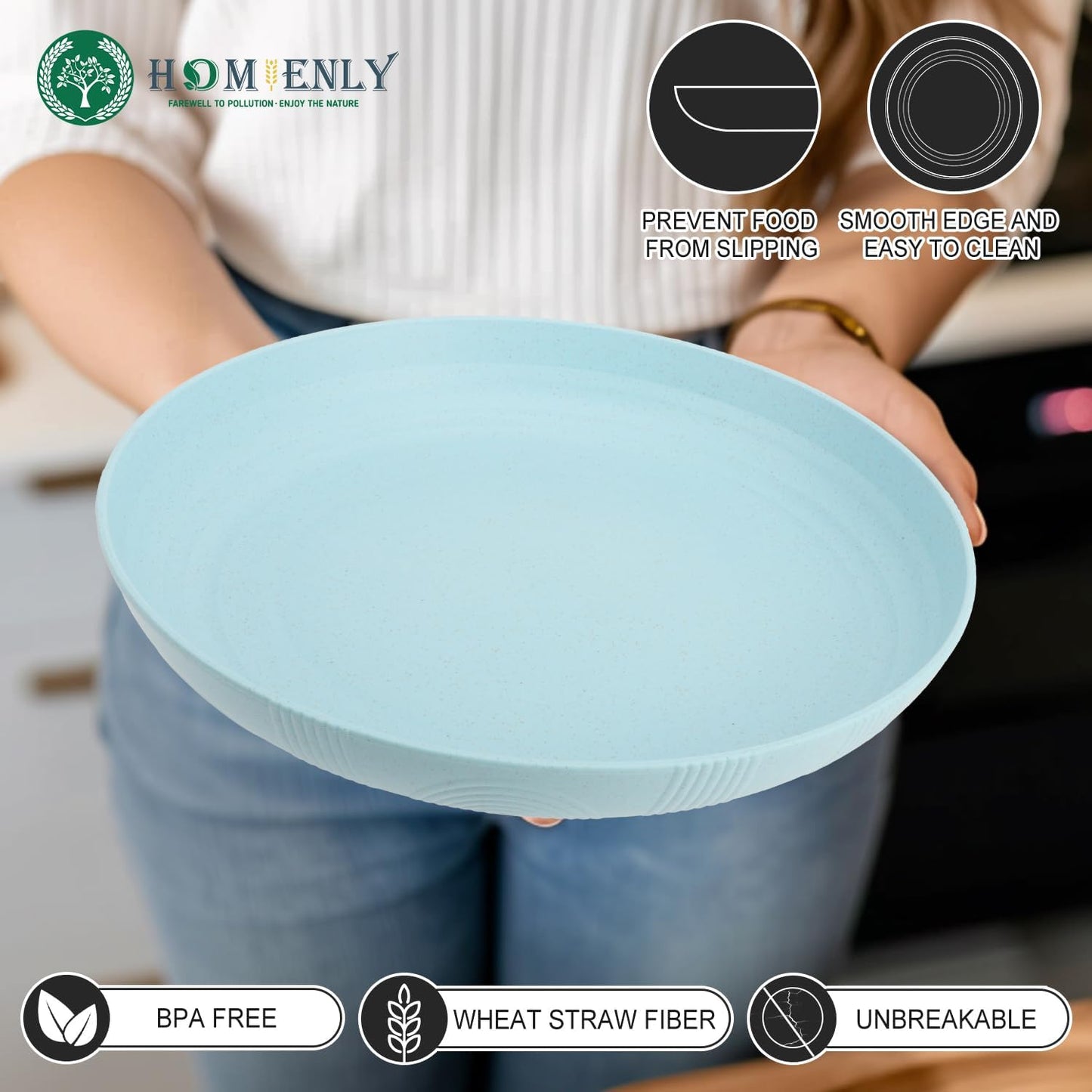 Homienly Wheat Straw Plates, Salad Plates 10 inch Set of 8, Reusable Plates for Kitchen, Kids, Camping, Picnic, Party, Microwave and Dishwasher Safe Plate Set for Kids - Light Blue