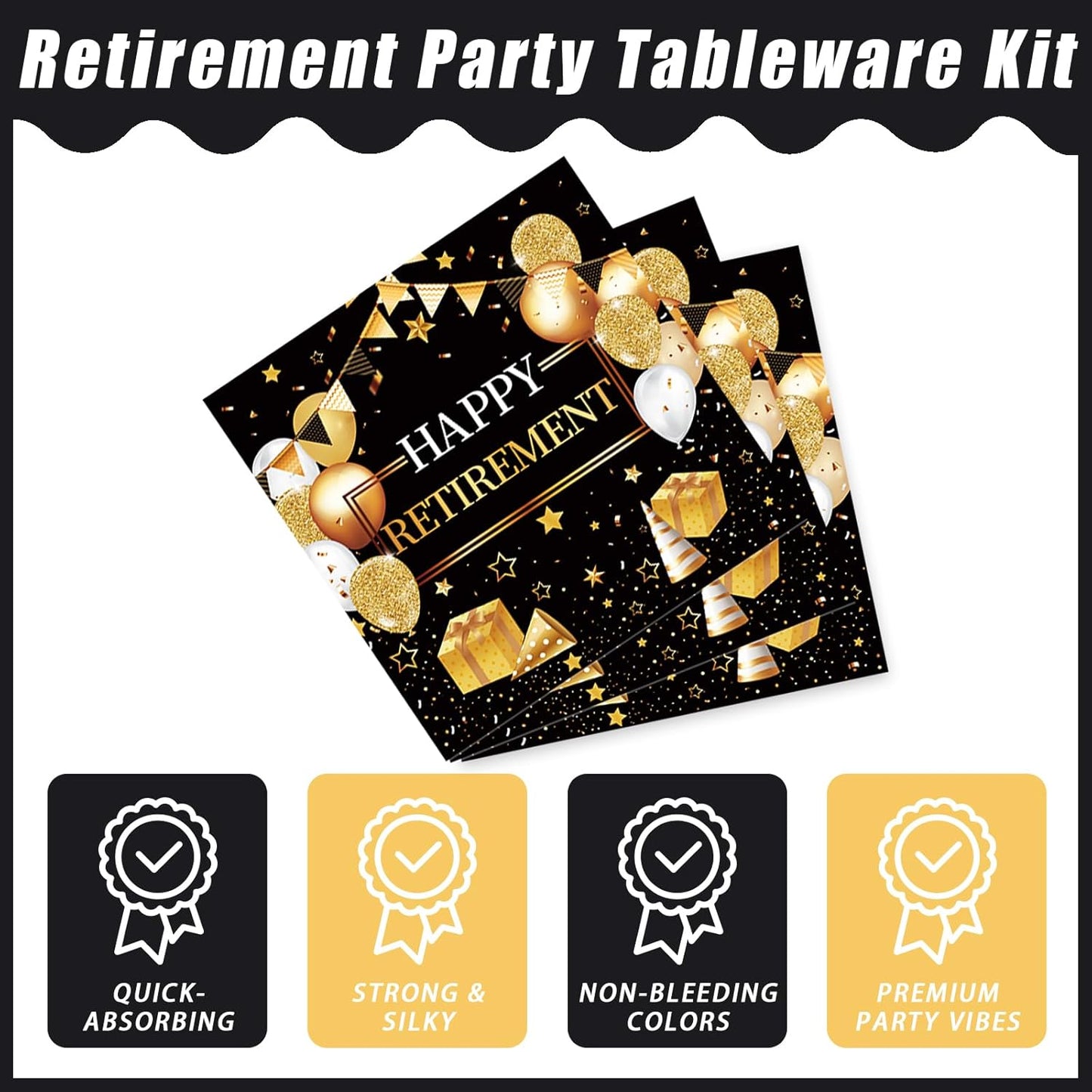 96 Pcs Retirement Party Plates and Napkins Set, Happy Retirement Party Supplies Decorations for Men Women Gold and Black Farewell Going Away Disposable Dinnerware Tableware Kit, Serves 24