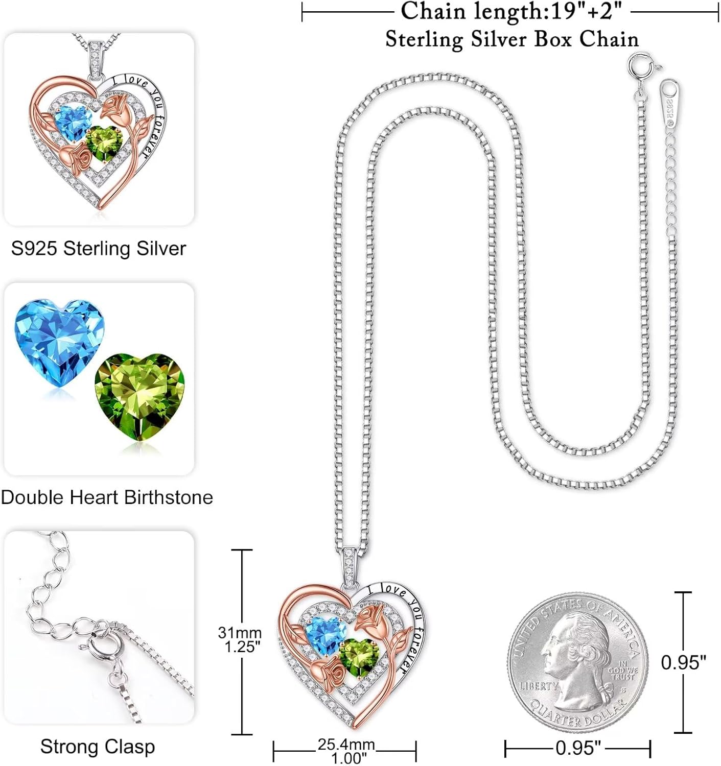 Iefil Birthstone Necklace for Women - Sterling Silver Birthstone Necklace Anniversary Birthday Gifts for Her Wife Mom Daughter