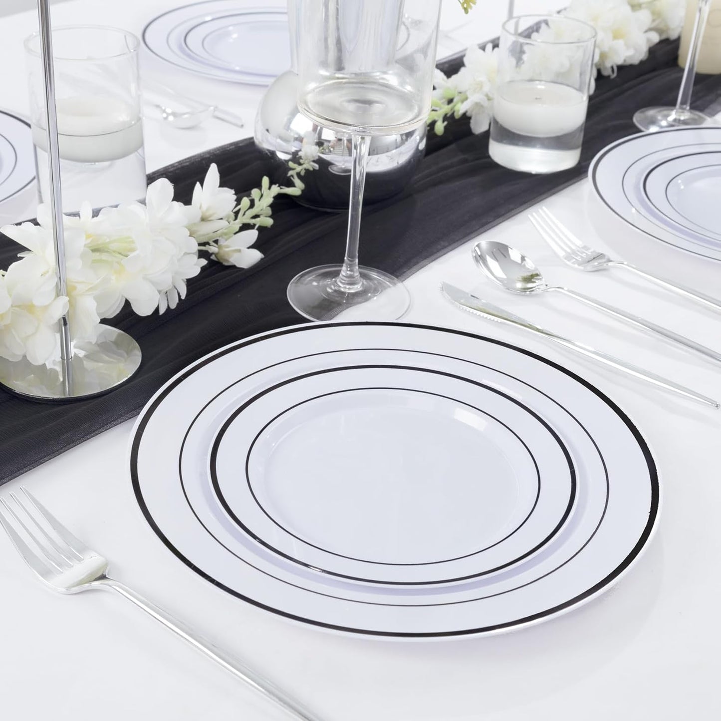 U-QE 100pcs Black Plastic Plates for Party - Black Plates Disposable Heavy Duty - Include 50 10" Dinner and 50 7" Dessert Plate, Fancy Plastic Plates for Wedding, Party, Birthday