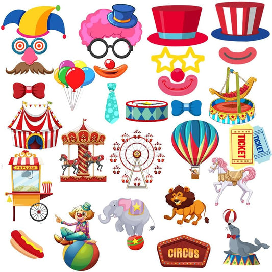 Circus Photo Booth Props, Tumwisk 30PCS Carnival Decorations Circus Theme Party Decorations,Funny Carnival Theme Party Selfie Props - Carnival Birthday Backdrop