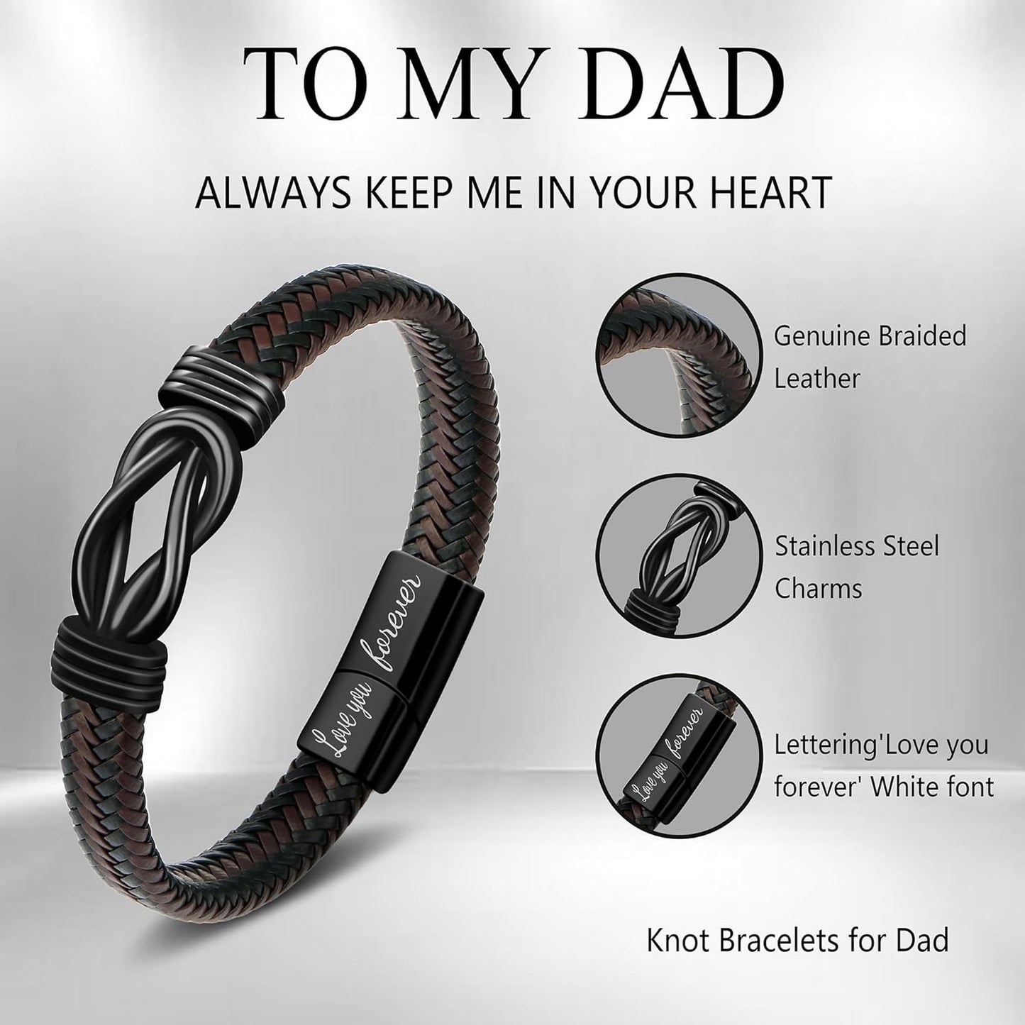𝗞𝗻𝗼𝘁 𝗕𝗿𝗮𝗰𝗲𝗹𝗲𝘁 𝗚𝗶𝗳𝘁𝘀 𝗳𝗼𝗿 𝗠𝗲𝗻 Brown Braided Leather Stainless Steel Infinity Bracelets Lettering Love You Forever Gifts for Son Grandson Husband Boyfriend Brother Always Linked Together