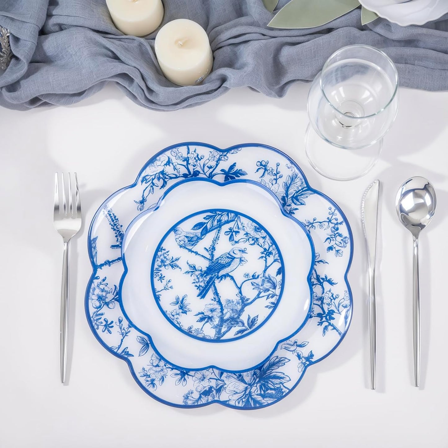 LIYH 60 Pcs Blue Plastic Plates Set - Heavy Duty Floral and White Plastic Plates for Party Wedding Elegant Plate Bridal Shower Floral Dinnerware Set - 10.25" Dinner & 7.5" Dessert Plate