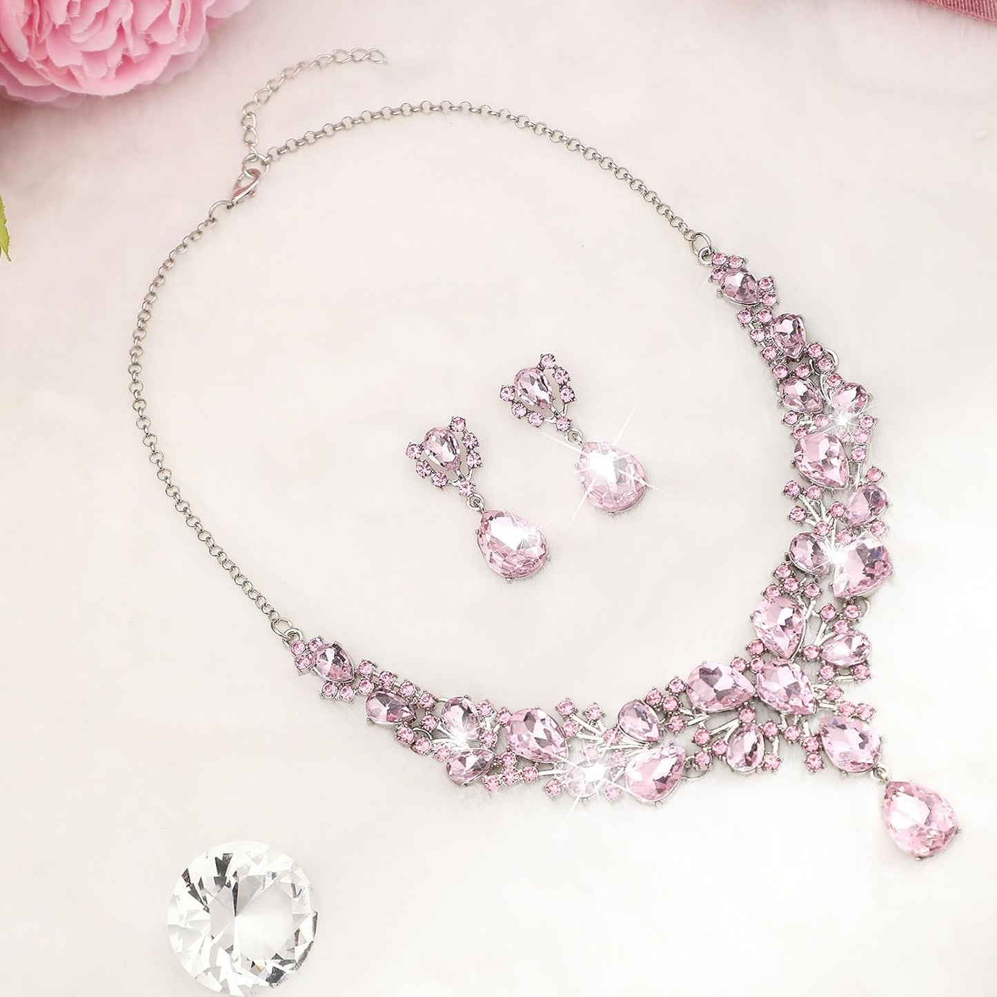 Hicarer Bridal Teardrop Cluster Crystal Jewelry Set for Women Necklace Earrings Wedding