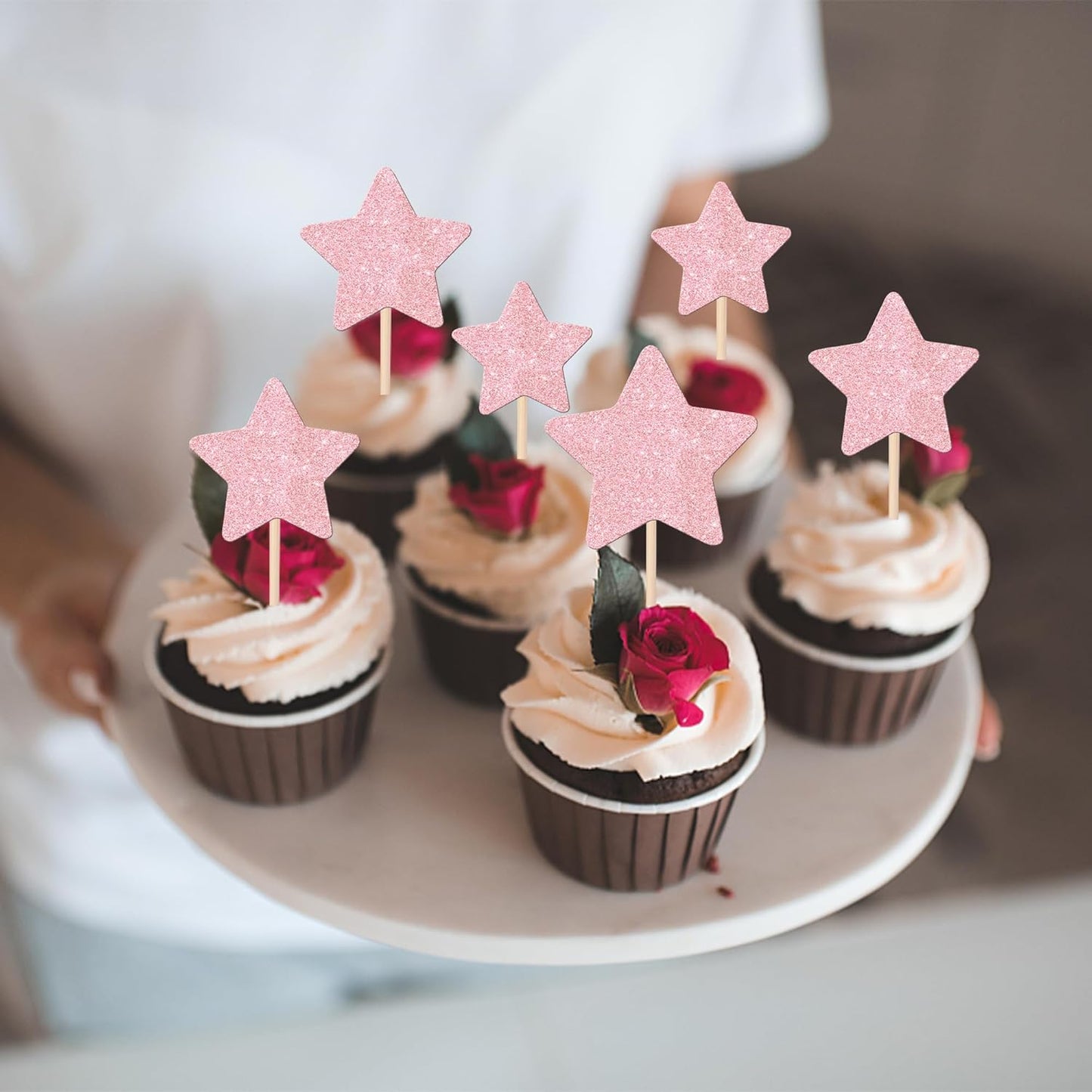 30 PCS Star Cupcake Toppers Glitter Assembled Twinkle Star Cupcake Picks Wedding Engagement Bridal Shower Birthday Party Cake Decorations Supplies Mixed Size Light Pink