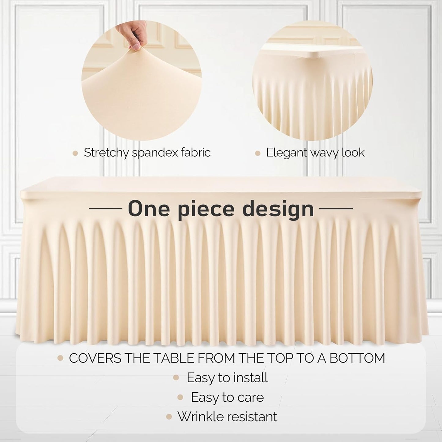 6 Packs Light Champagne Table Clothes for 6 Foot Rectangle Tables, One-Piece Wrinkle Resistant Stretch Spandex Table Covers with Skirt for Event Banquet Wedding Birthday Party