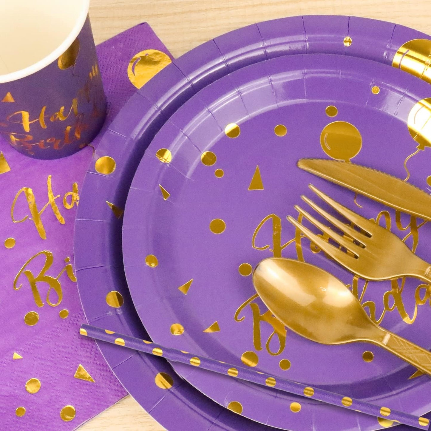 200 Pieces Gold Disposable Party Dinnerware Set &Disposable Purple Birthday Party Dinnerware - Purple Paper Plates Napkins Cups, Gold Plastic Forks Knives Spoons Straws