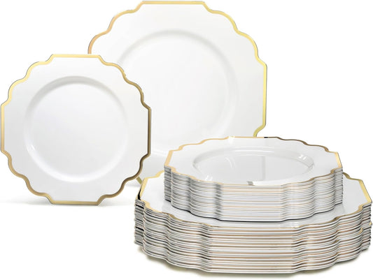 " OCCASIONS " 80 Plates Pack,(40 Guests) Heavyweight Wedding Party Disposable Plastic Plates Set -40 x 10.5'' Dinner + 40 x 8'' Salad/Dessert Plate (Imperial White & Gold)